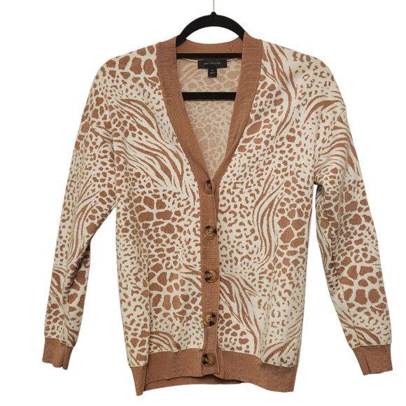 Ann Taylor Animal Pattern Knit Cardigan Size XS Light Bronze White - Picture 1 of 7